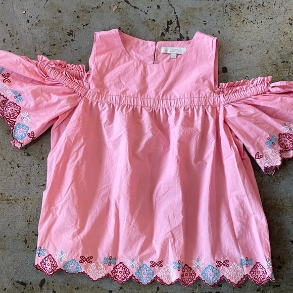 LOFT Pink Cold-Shoulder Embroidered Blouse with Tie Detail Size Large - Picture 2 of 8